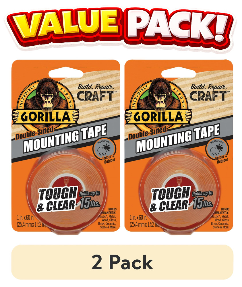 (2 pack) Gorilla Tough & Clear Double-Sided Mounting Tape, 60" Roll