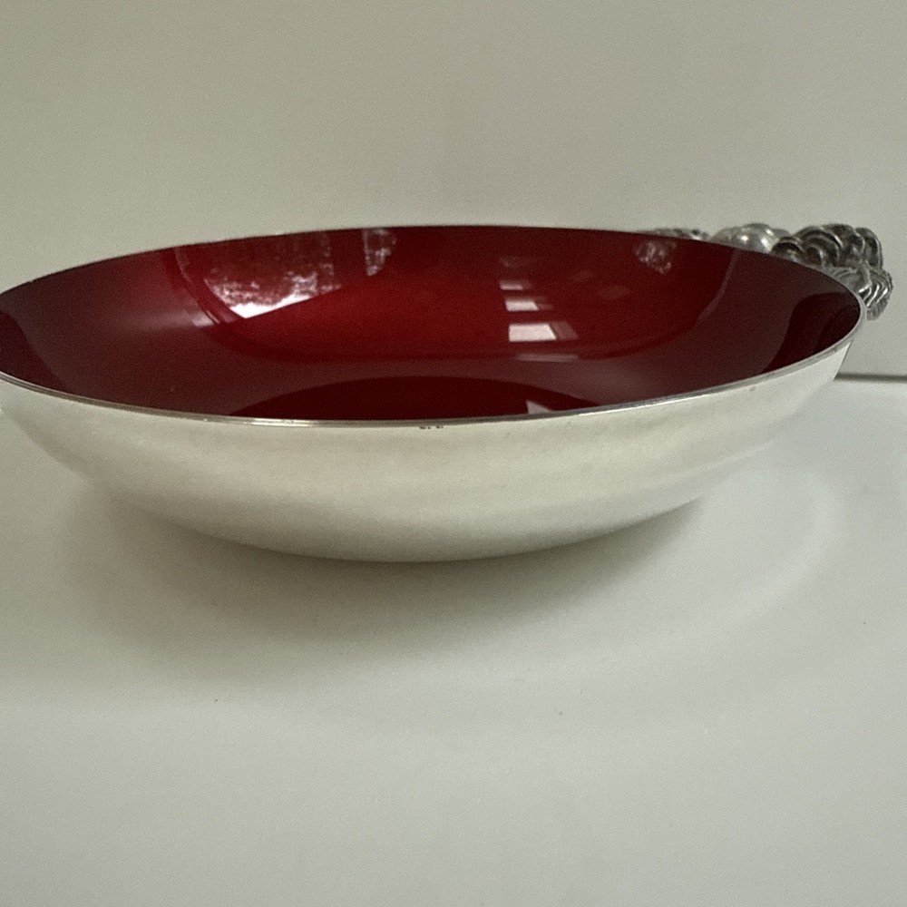 Reed & Barton 192 Red Enamel Candy Dish Silver Plate Acorn Leaf Handle EUC