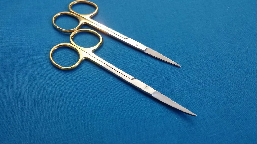2 GOLD HANDLE ASSORTED IRIS MICRO DISSECTING SCISSORS STRAIGHT + CURVED 4.5"