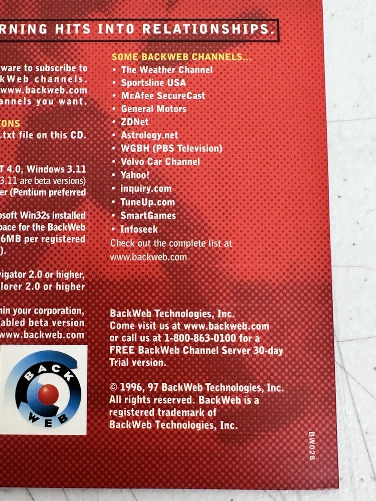 RARE Vtg 1996/97 BackWeb Technologies CD-ROM Push Tech Internet Client Win95 NT