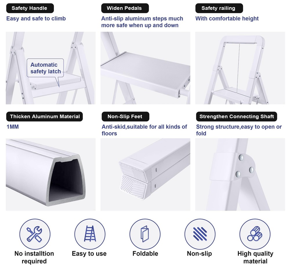 Step Ladder Folding 3Step White Finish Aluminum Foldable Step Ladders,AntiSli...