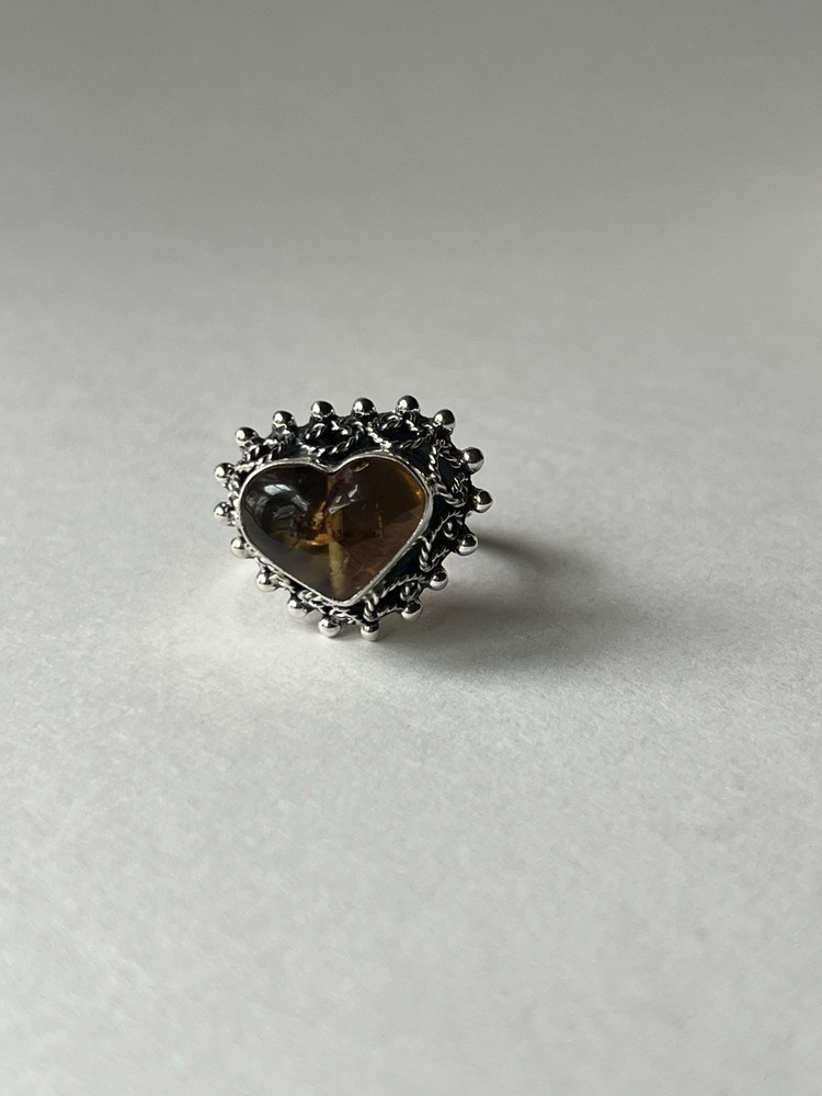 Amber Heart Ring 925 Sterling Silver Adjustable Artisan Statement