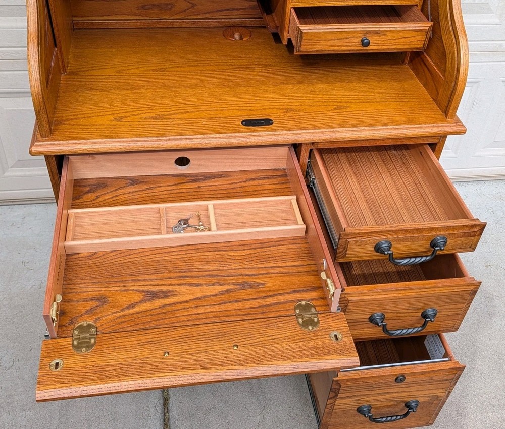 Solid Oak Roll-Top Desk by Winners Only Inc. – Locking Secretary Desk
