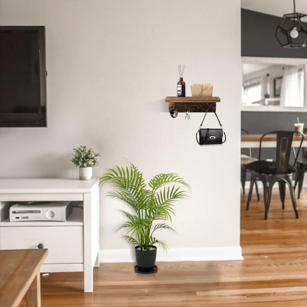 Rustic Wall Key Holder with 4 Hooks & Floating Shelf for Elegant Organization