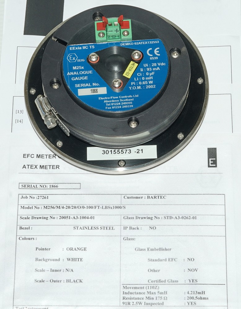 Electro-Flow Controls M25X Analogue Torque Gauge ATEX Certification Paperwork
