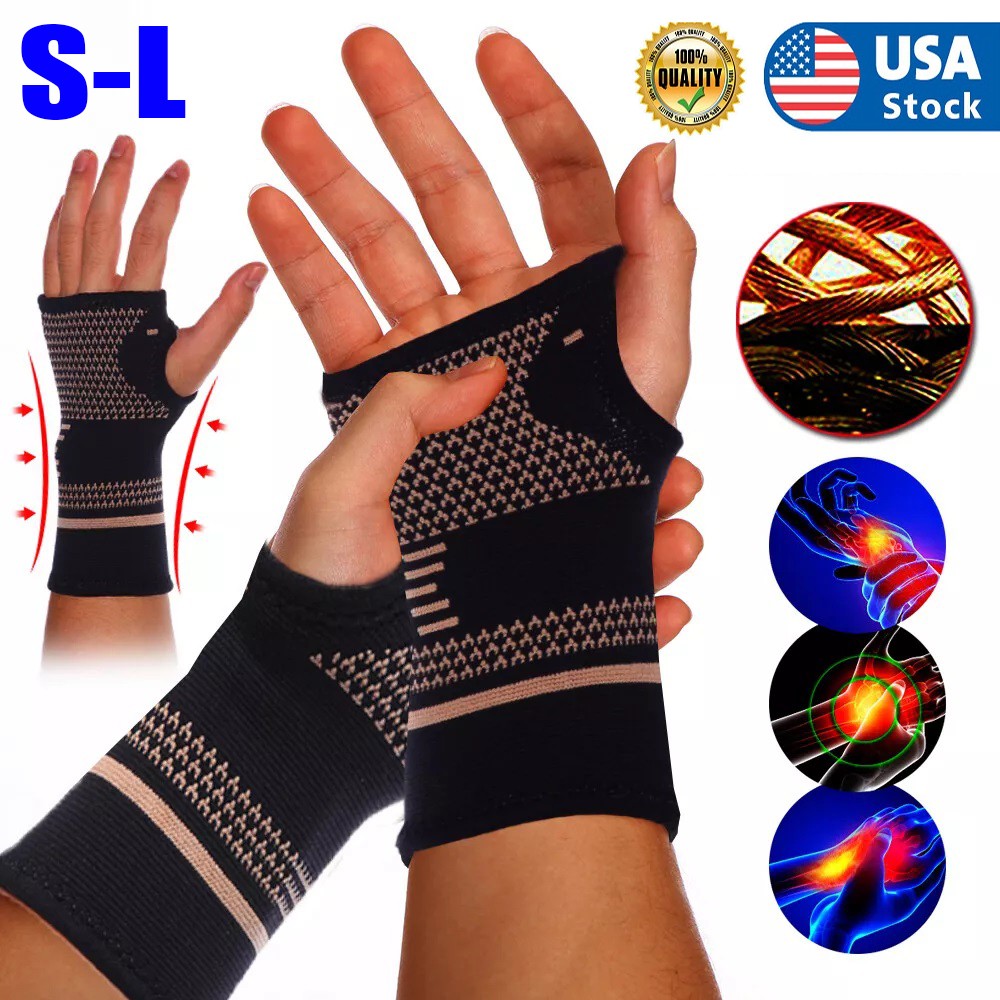 2pcs Copper Wrist Compression Sleeve Comfortable Hand Brace Support for Arthriti