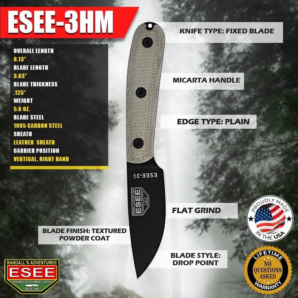 ESEE-3HM-B Fixed Blade Knife, Modified Handle, Plain Edge, Brown Leather Sheath