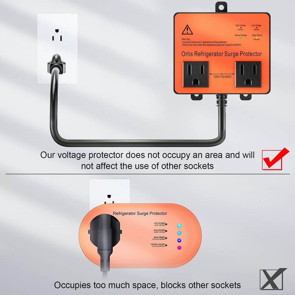 Double Outlet Refrigerator Surge Protector - Time Delay & Voltage Spike Prote...