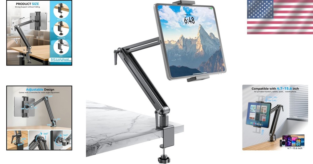 360 Degree Rotating Tablet Arm Stand - Adjustable Clamp