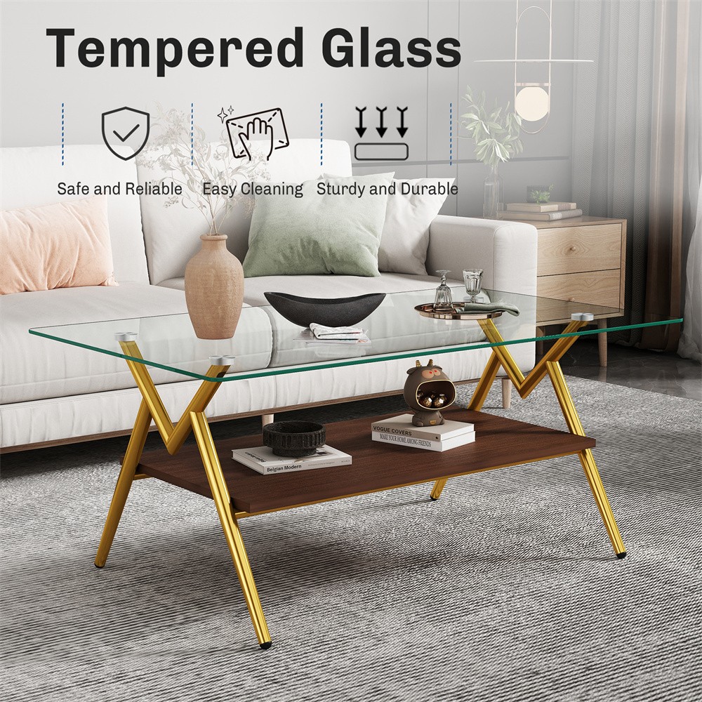 Tempered Glass tea table Rectangular with Storage Shelf Teapoy Coffee Table