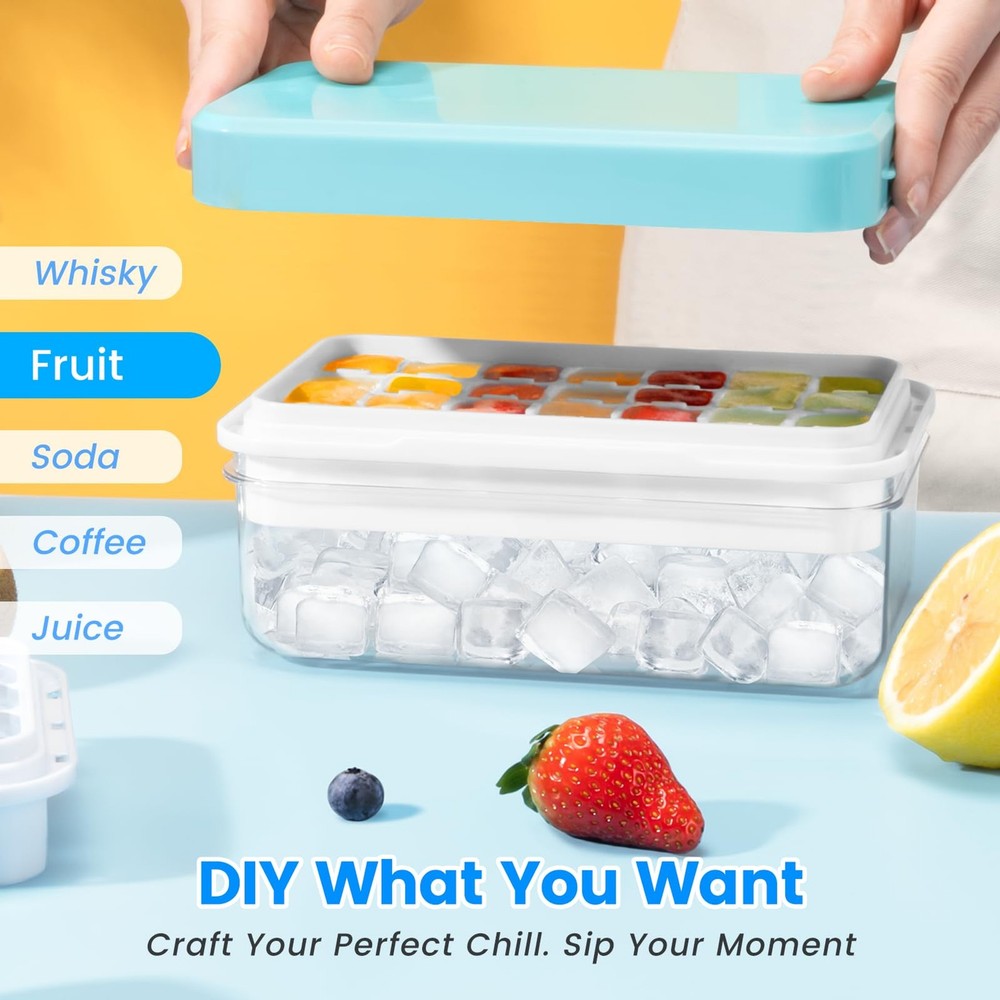 2PC Ice Cube Tray with Lid and Bin 56 Cubes BPA Free Easy Release Stackable