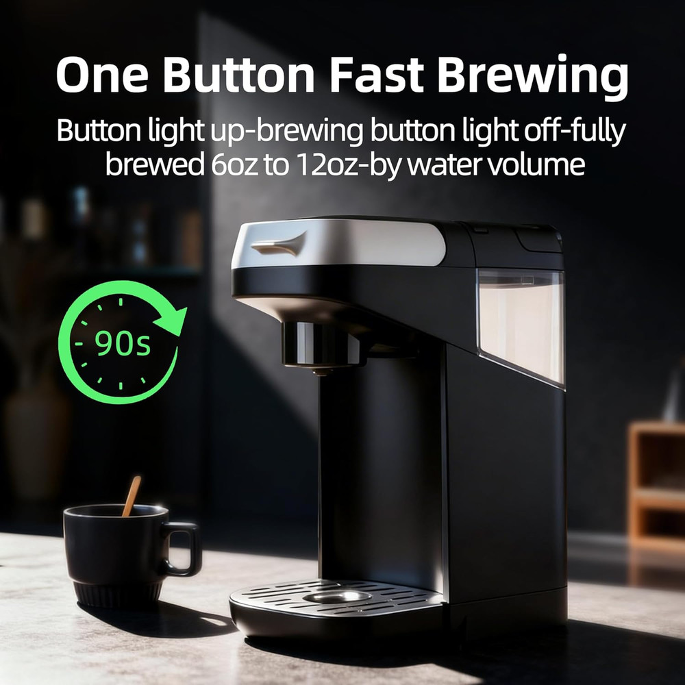 Compact Single Serve Coffee Maker for K Cups & Grounds, Fast Brew 6-12 Oz