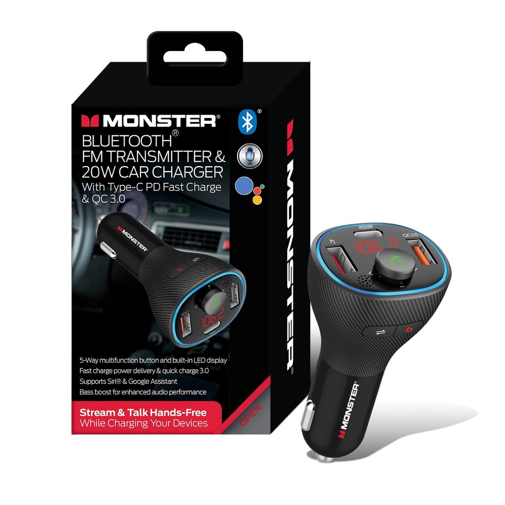 Monster Bluetooth FM Transmitter for Car Cigarette Lighter with 20W QC3.0 USB...