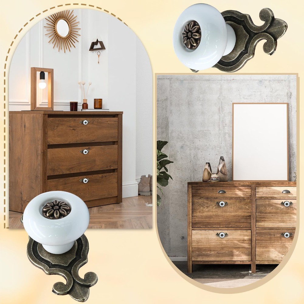 10pcs Ceramic Knobs White Dresser Knobs Vintage Cabinet Knobs with Antique Br...