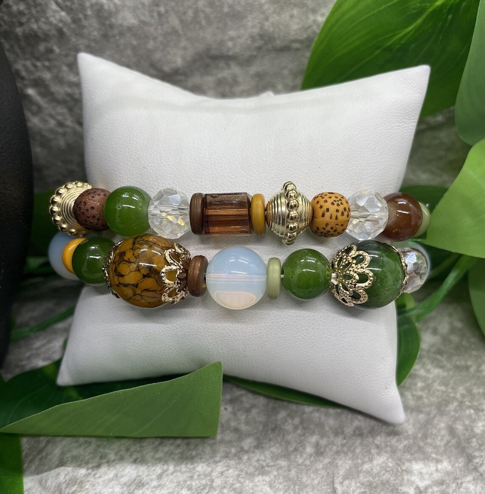 2 PC Handmade Bohemian Beaded Stackable 7” Plus Stretch Bracelet Set New B1679
