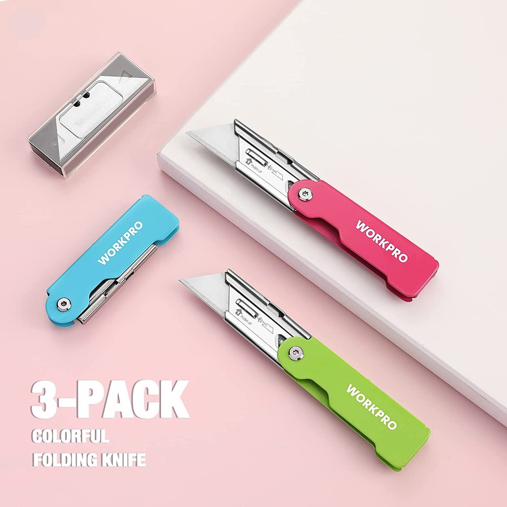 WORKPRO 3-Pack Folding Utility Knife Set, Quick Change Blade Box Cutter