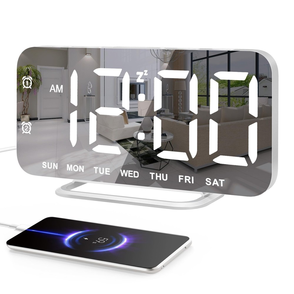 Slim LED Digital Alarm Clock, Mirror Surface for Makeup, with Diming, Large D...
