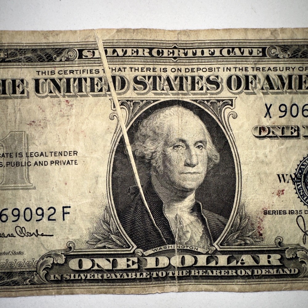 Unique $1 Dollar 1935D Error Fold Print Blue Seal, Silver Certificate U.S. $1