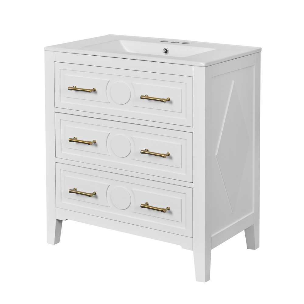 Bathroom dressing table - white, ceramic sink set, 3 drawers, solid wood frame