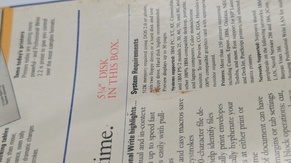 Professional Write Word Processing Software v 2.2 IBM DOS 5.25" Disks VINTAGE