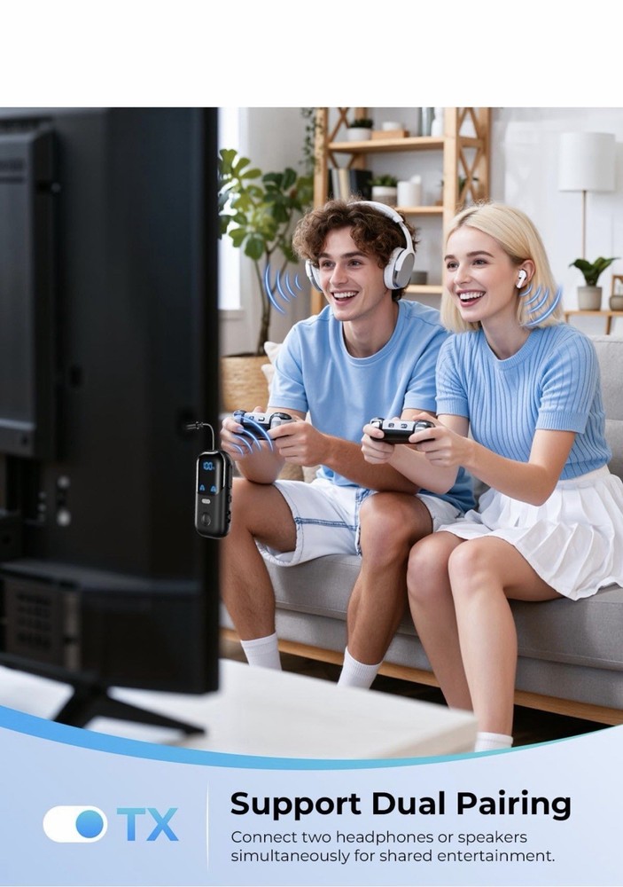 Bluetooth Wireless Dual Pairing Audio Transmitter, Fast Charging, LCD, Black