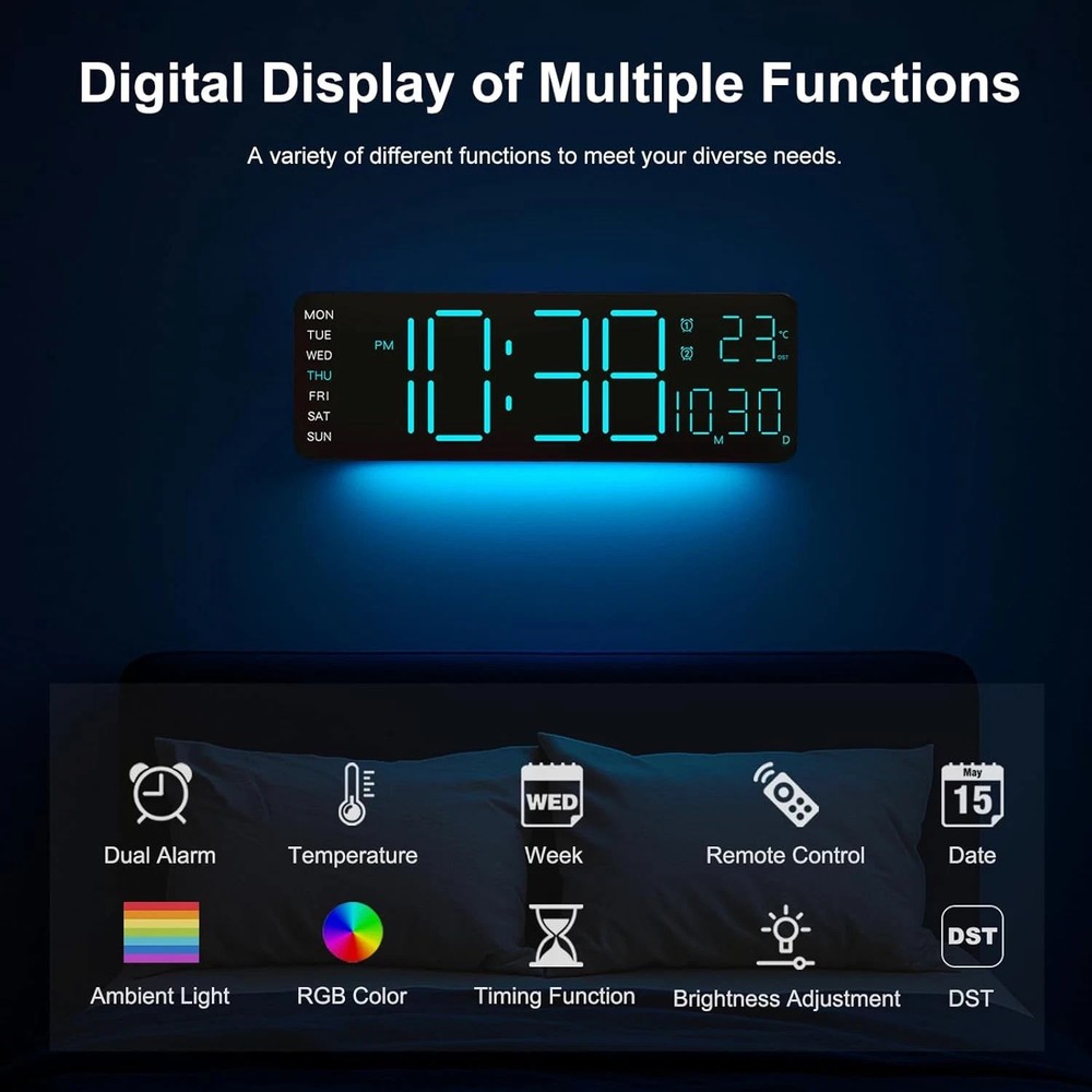 Large LED Digital Wall Clock with RGB Remote, Alarm, Temp, and Timer