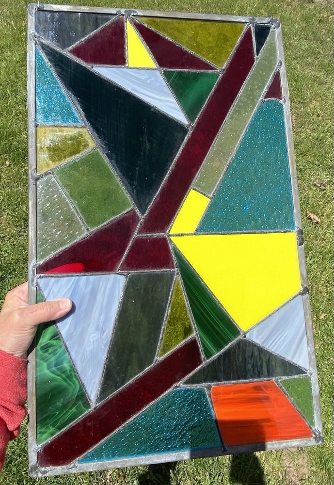 STUNNING STAINED GLASS PANEL Abstract Modern Geometric Frank Lloyd Wright Style