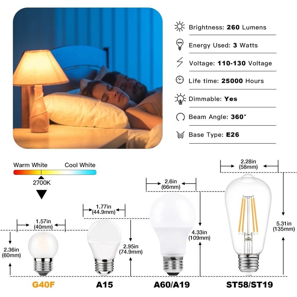Dimmable LED 3W Small Light Bulb, 25w Equivalent E26 Standard Screw Base, G40...