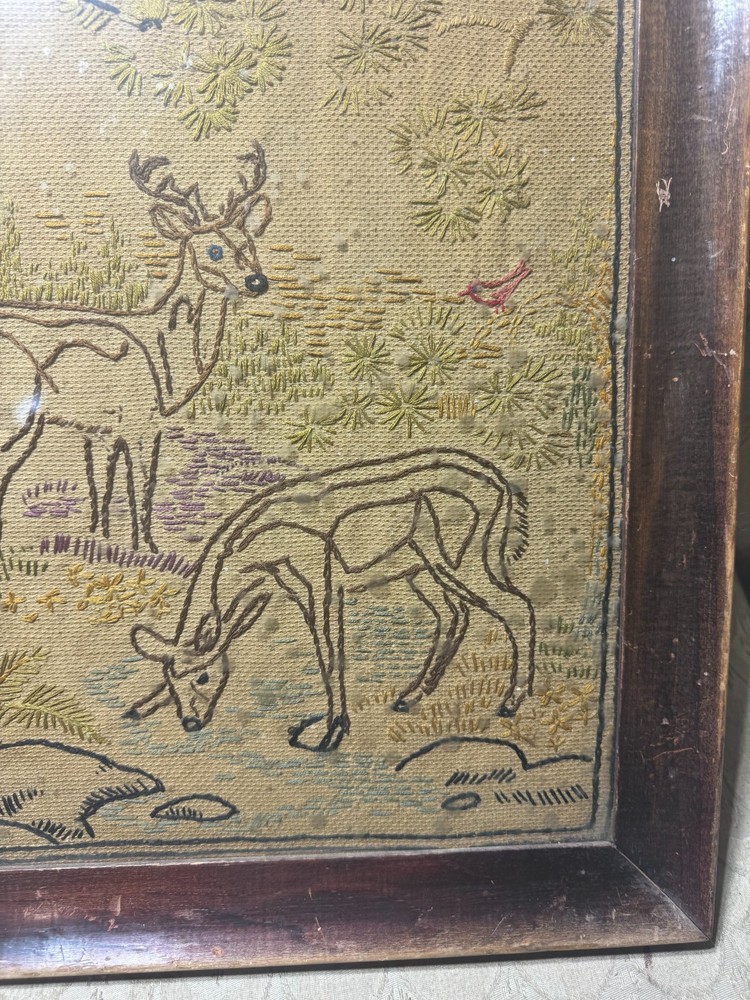 Vintage Needlework "Deer In Landscape Scene" - Framed