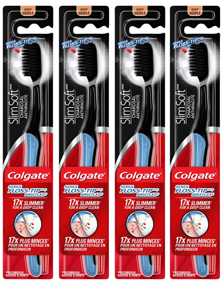 Colgate Slimsoft Floss-Tip Charcoal Toothbrush, Soft (4 Count)