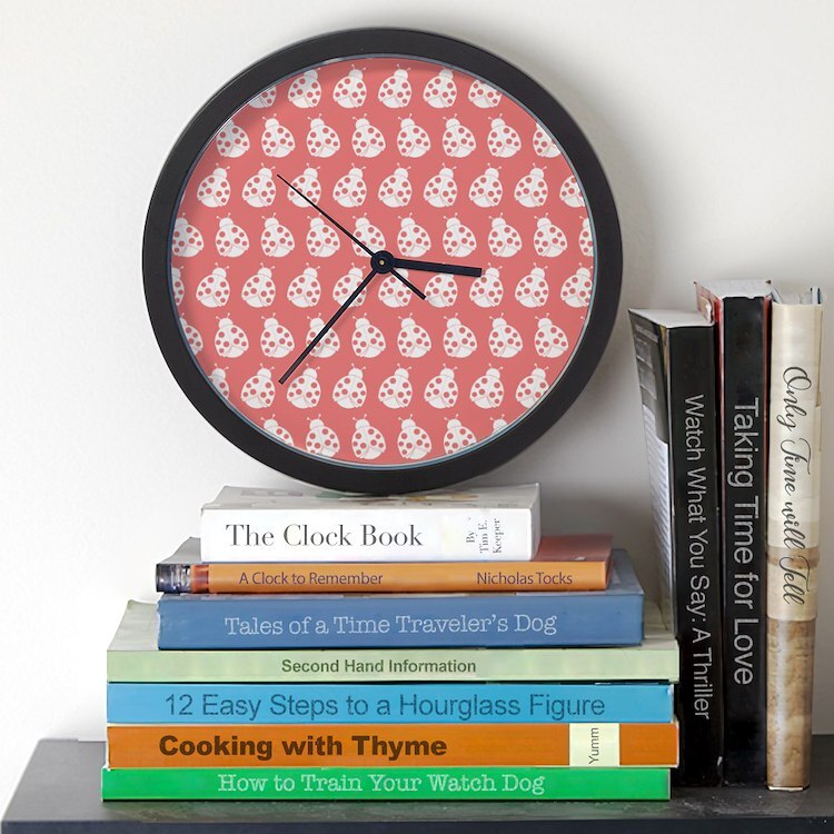CafePress Light Coral Cute Ladybugs Pattern 10" Wall Clock (1492596288)