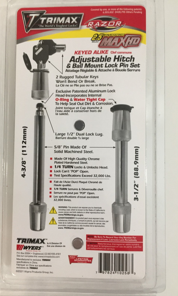 Trimax TH45 Razor Adjustable Hitch Keyed Alike Lock Pin Set, Model TH45