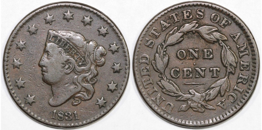 1831 1c Coronet or Matron Head Large Cent