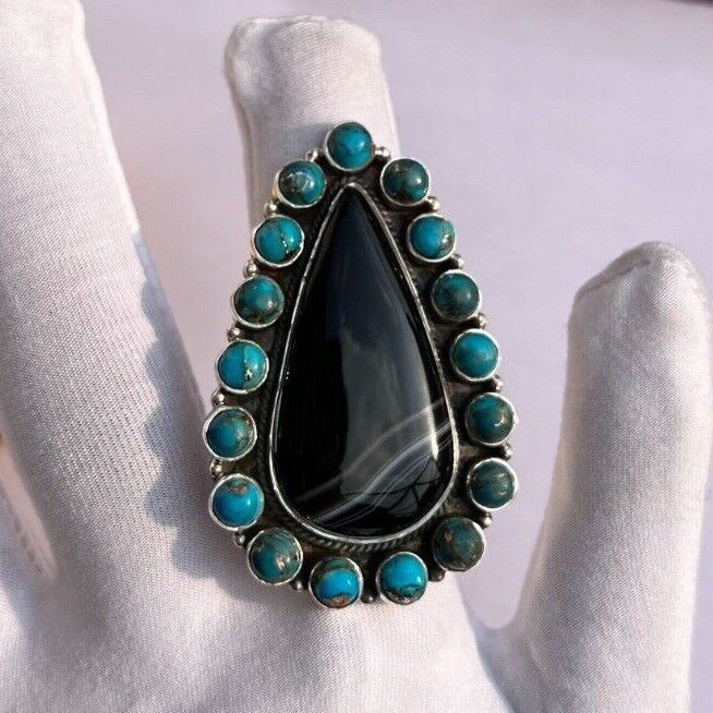 Turquoise with Agate Ring 925 Silver Ring Handmade Statement Multi Stones Ring
