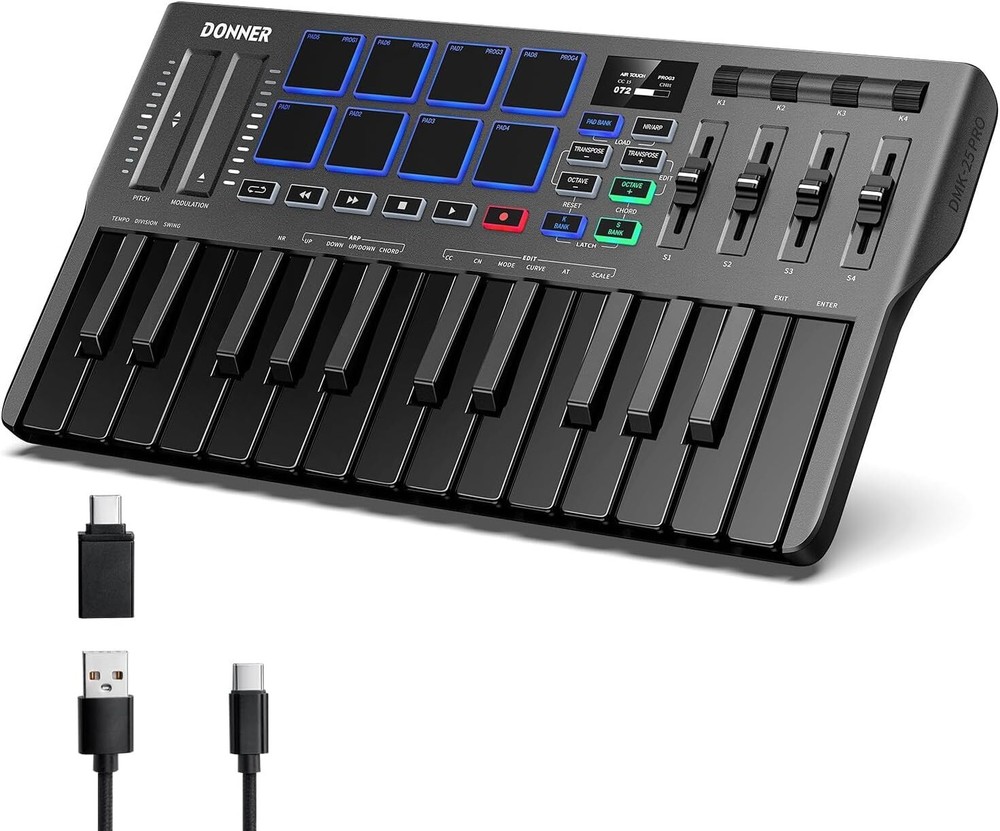 🎹 Donner MIDI Keyboard OLED Screen 25 Key 8 Drum Pads Touch Bar DJ Controller