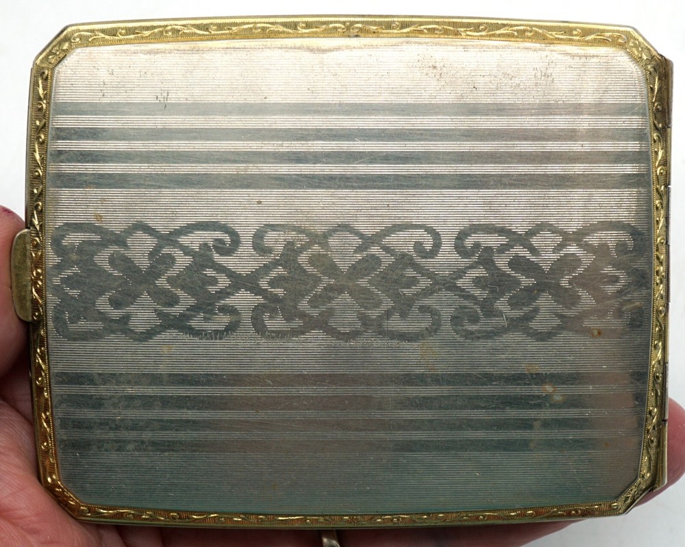 Antique Sterling Silver & Glit Engine Turned Design Cigarette Case