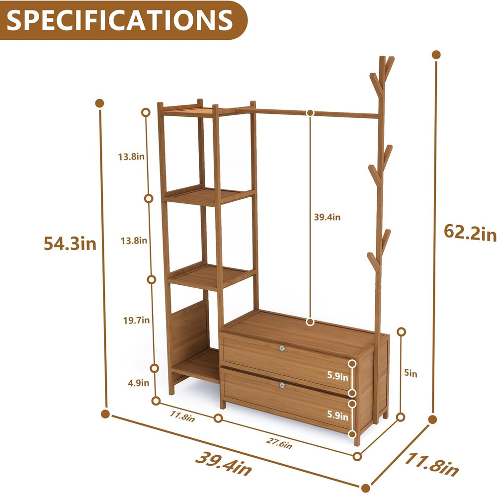 Upgraded Hanging Rack with Drawers, 39.37" Solid Clothes Rack & Shelves