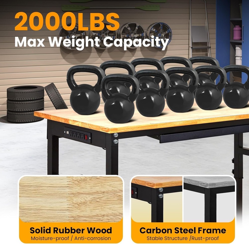 Adjustable Height Workbench 60"x24" Work Bench Table with Power Outlet & Drawers