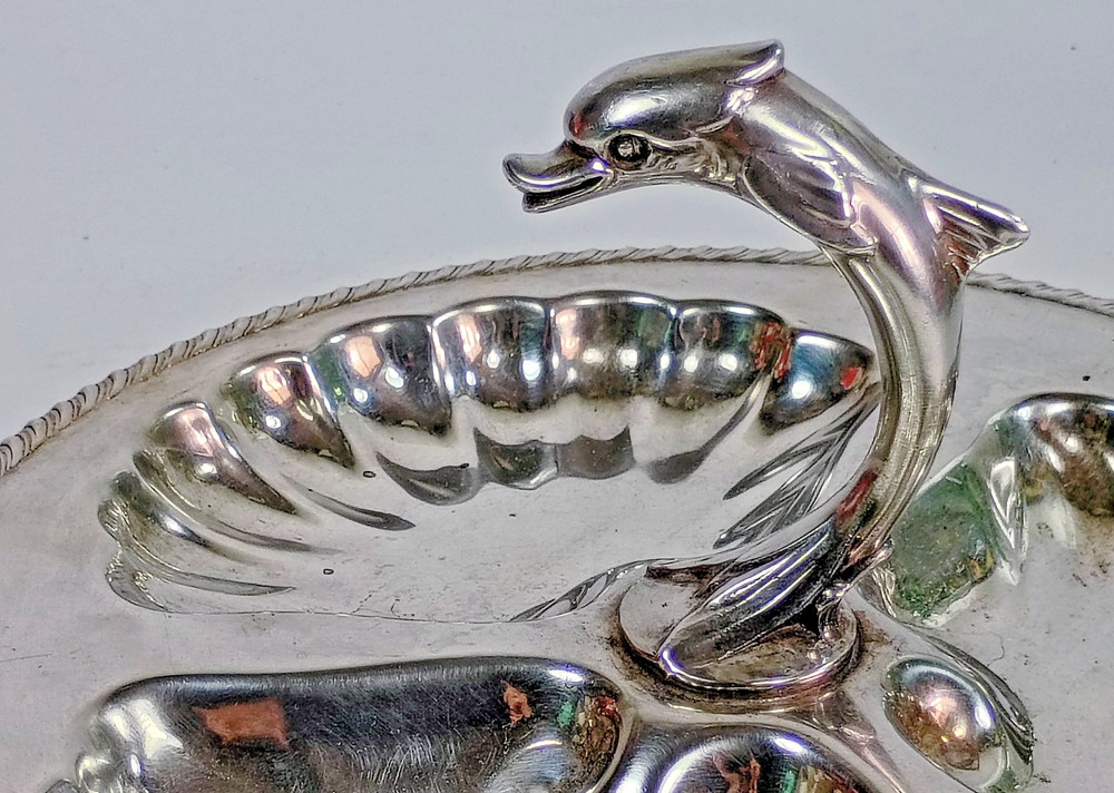 Vintage Canterbury Silverplate Tray Dolphin Motif Handle Three Sections 8 3/4"
