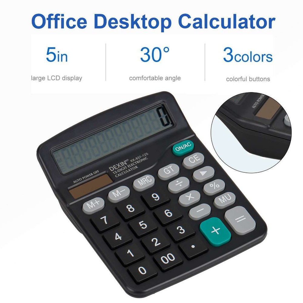 Large 12-Digit Calculator Big Button Desktop Math Display Solar Battery Powered