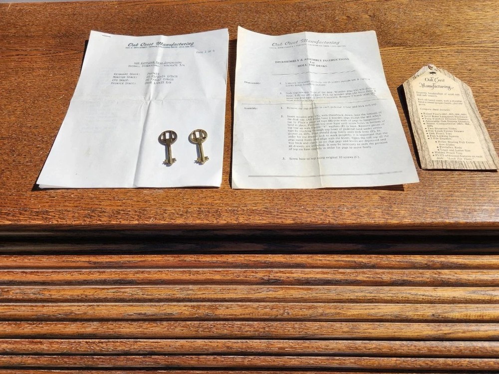 60" Oak Crest Roll-Top Desk – Solid Oak, Classic Vintage Style Paperwork 2 Keys