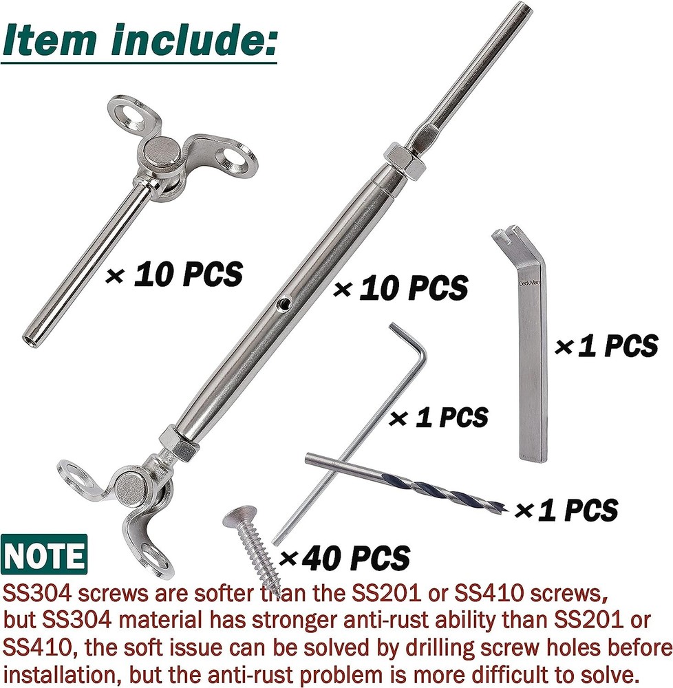 10-Pack Deck Man T316-Stainless Steel Adjustable Angle 1/8" Cable Railing Kit