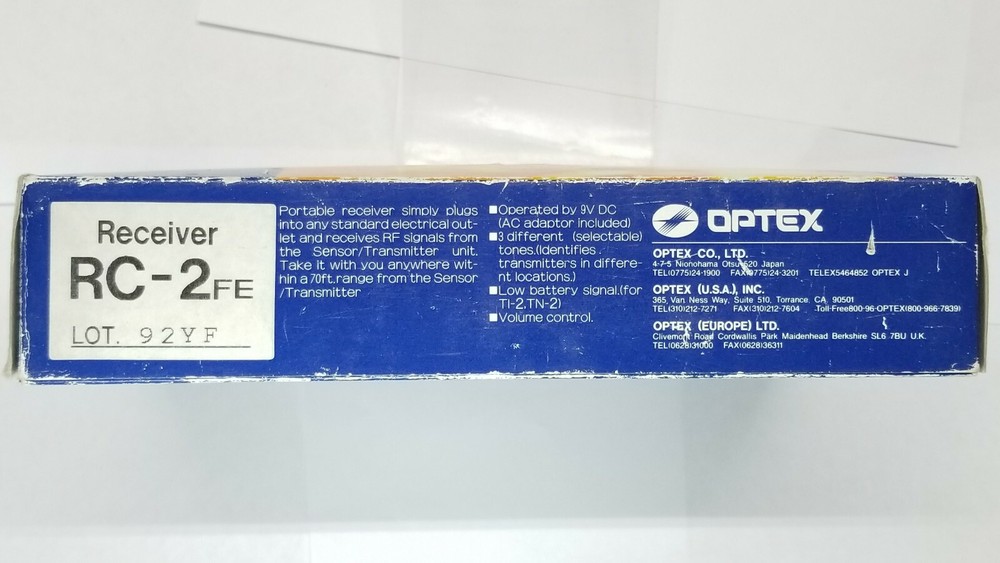 Optex Wireless Sensor Receiver RC-2FE, 70 ft range, new in box, locksmith