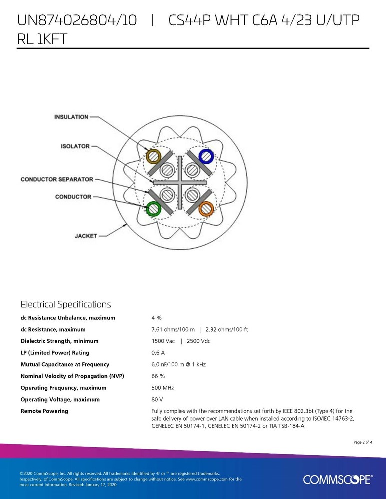 Commscope CS44P Cat6A U/UTP Network Ethernet 10G 10Gig Cable Plenum White /50ft