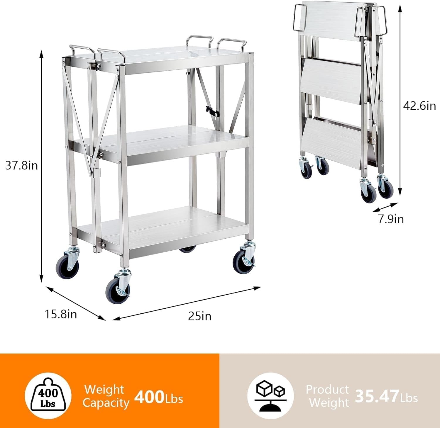 Foldable Service Cart Utility Service Cart w/ 360°Wheels 400 LBS Load Capacity