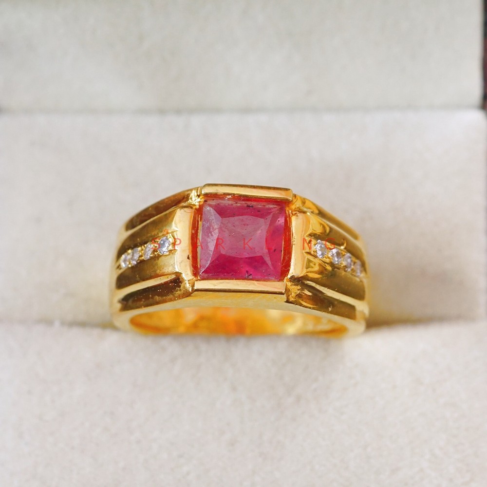 Ruby Cushion Cut With 14K Solid   Gold  Ring For Men's #E532