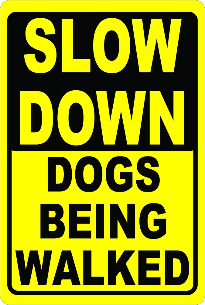 Slow Down Dogs Being Walked Sign.