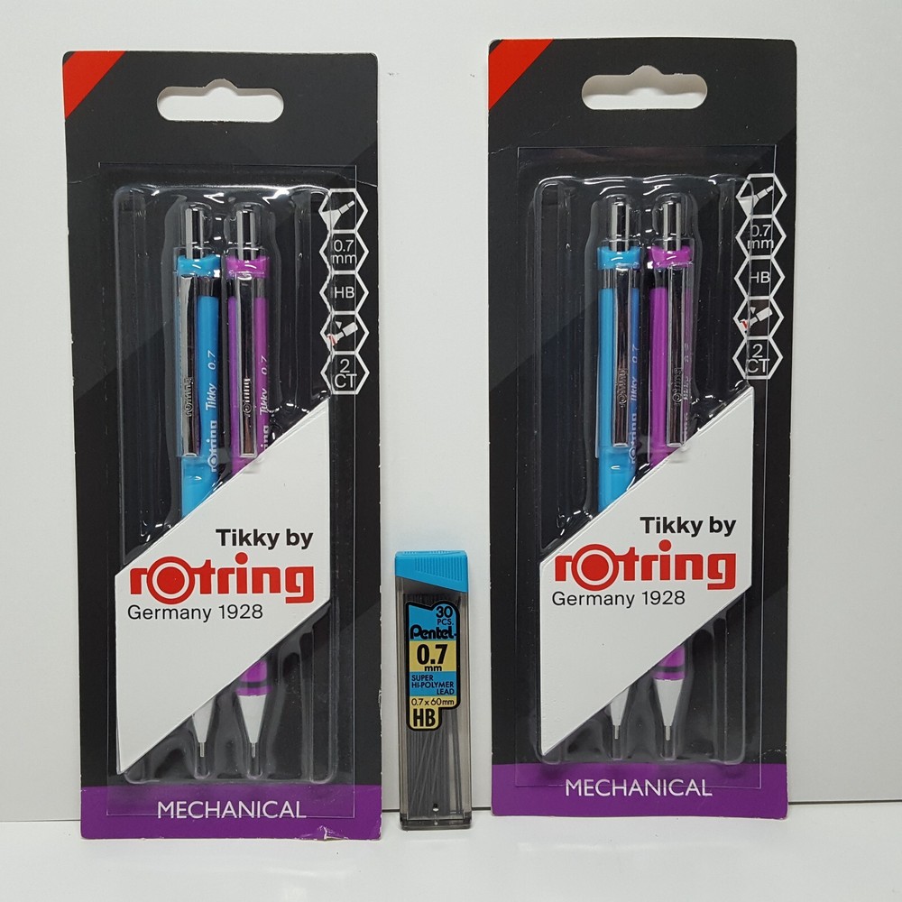 Two Pairs rOtring TIKKY .7mm Triangular Barrel Mechanical Pencils & Pentel Leads