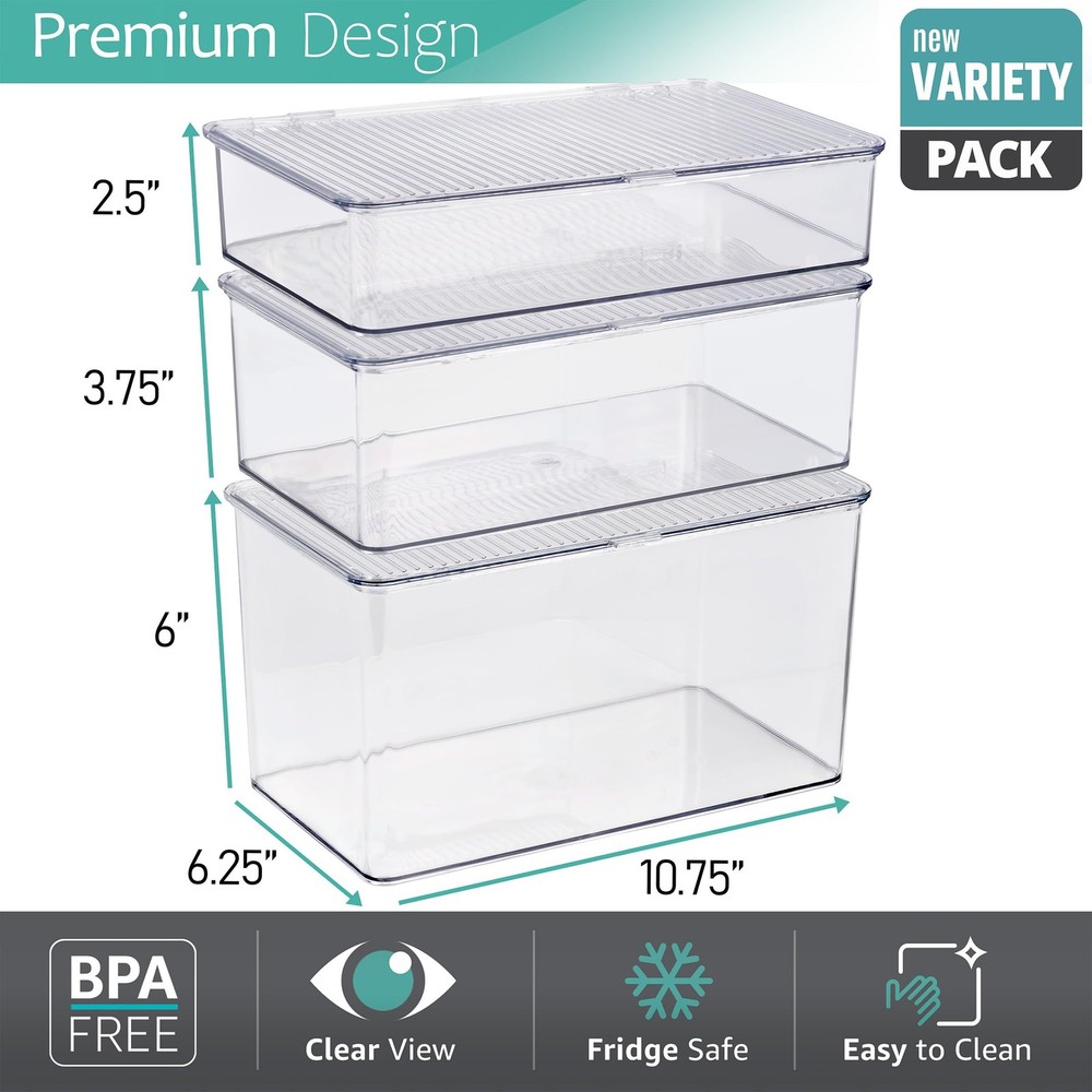 Sorbus 3 Pack Clear Plastic Storage Bins with Lids - Stackable Refrigerator O...