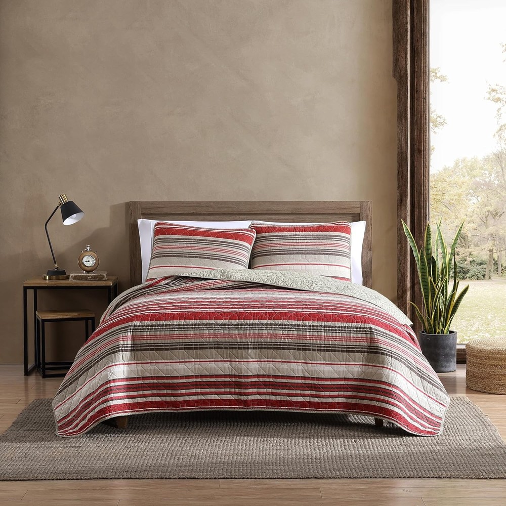 Queen Quilt Set Reversible Cotton Blend Bedding W/ Lightweight Feel Solid 3